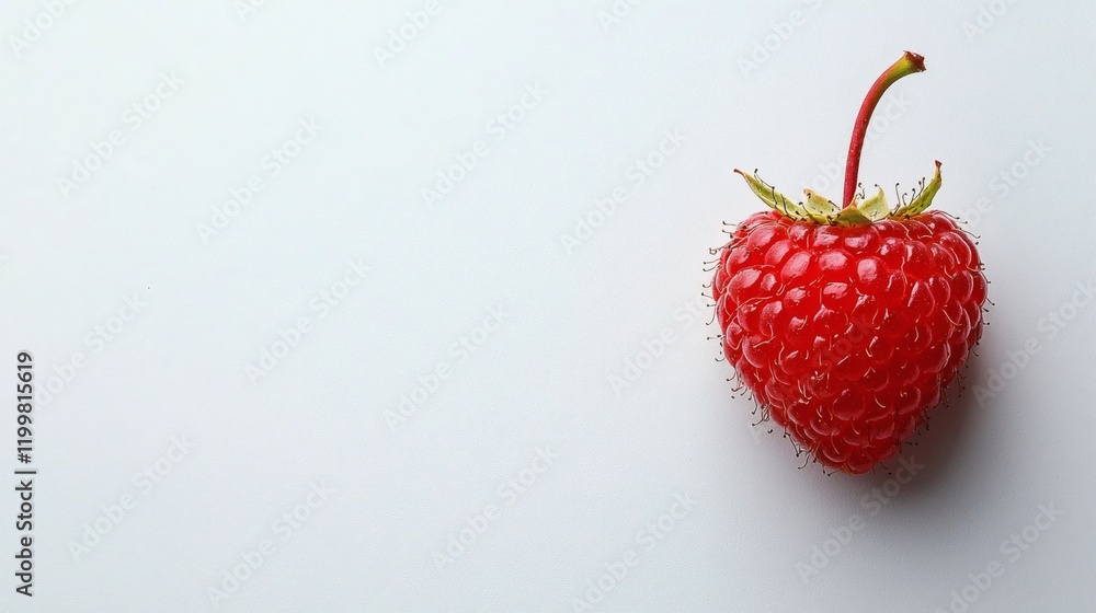 Aufkleber Isolated of a single raspberry with its rich red hue and textured surface placed in the center of a plain white background Stock Photo with side copy space