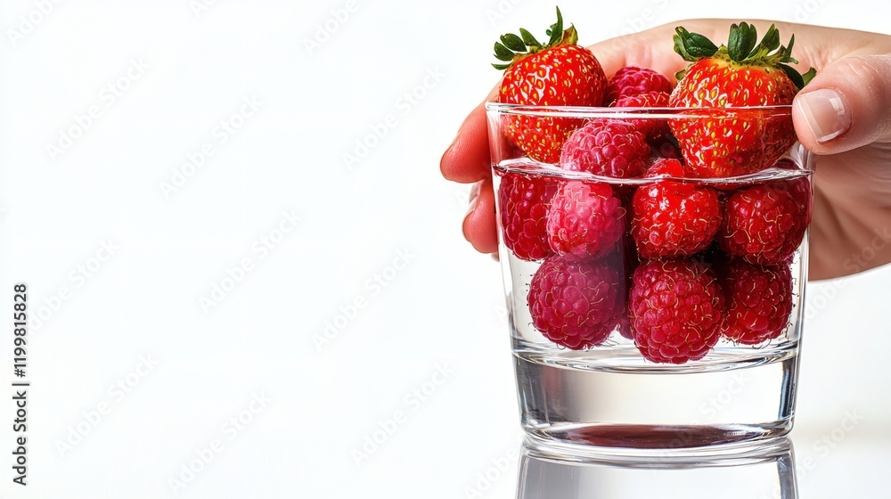 Poster isolated of raspberries and strawberries placed in a clear glass cup highlighting their juicy textur