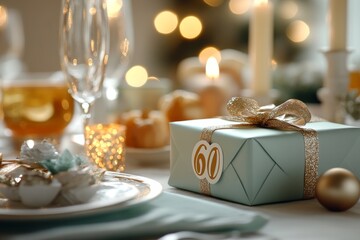Celebration of a milestone birthday with beautifully arranged table settings and a decorative gift
