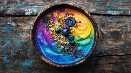 A smoothie bowl with vibrant colors and artistic toppings placed on a rustic wooden table