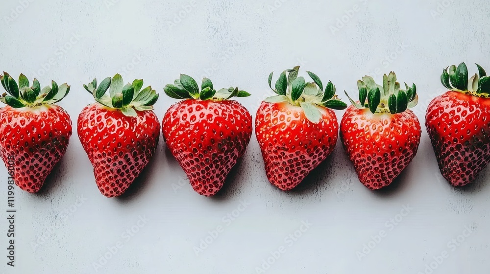 Aufkleber isolated of strawberries with their green tops still attached arranged in a line on a seamless white
