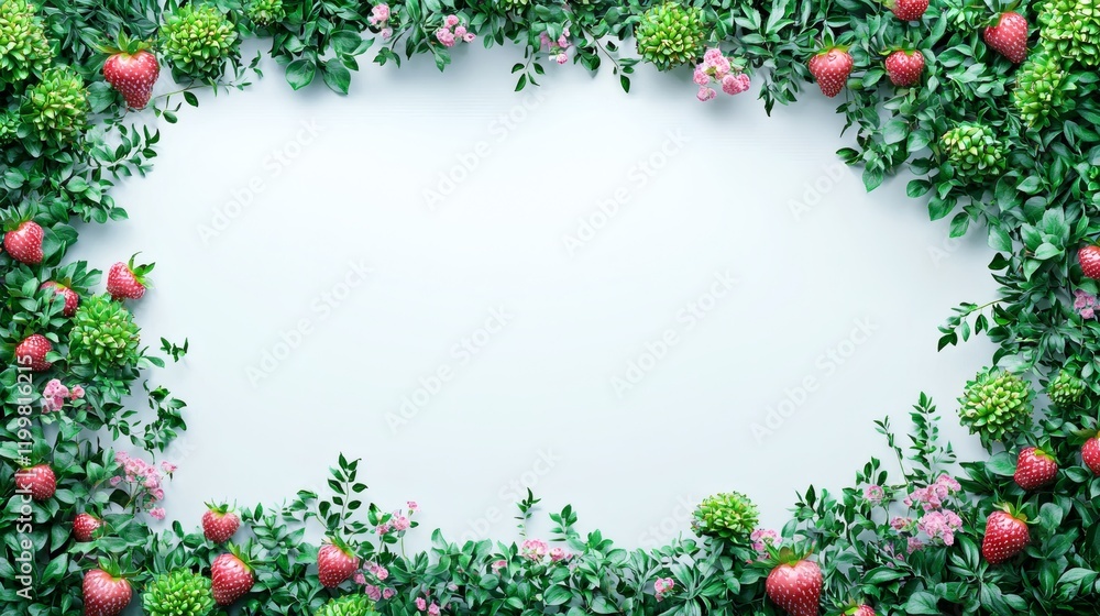 Poster Isolated of strawberries with their green tops still attached arranged in a line on a seamless white background Stock Photo with side copy space