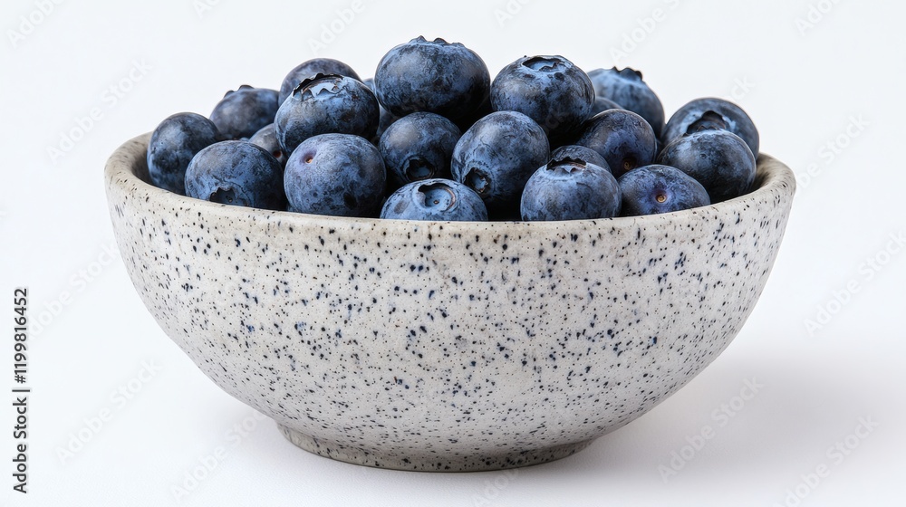Poster isolated of blueberries grouped in a ceramic bowl creating a vibrant contrast on a clean white backg
