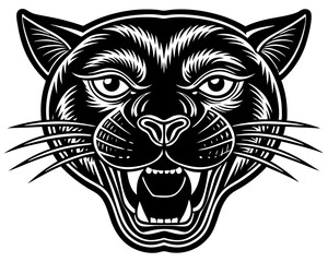 panther head tattoo, american Traditional old school style, bold outlines, white background. Fierce Panther Head Tattoo Design – Traditional Old-School Black Ink Illustration.