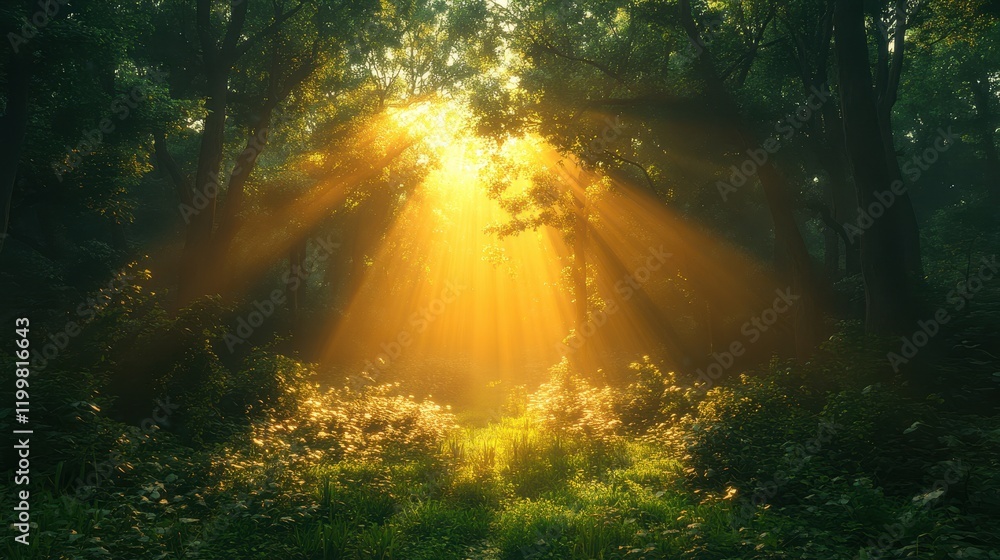 Poster a serene forest scene with sunlight filtering through trees, creating a peaceful atmosphere.