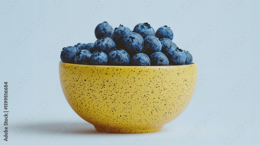 Poster isolated of blueberries grouped in a ceramic bowl creating a vibrant contrast on a clean white backg