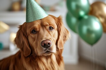 Golden retriever wearing a party hat celebrates at a festive gathering with green balloons in a cozy indoor setting