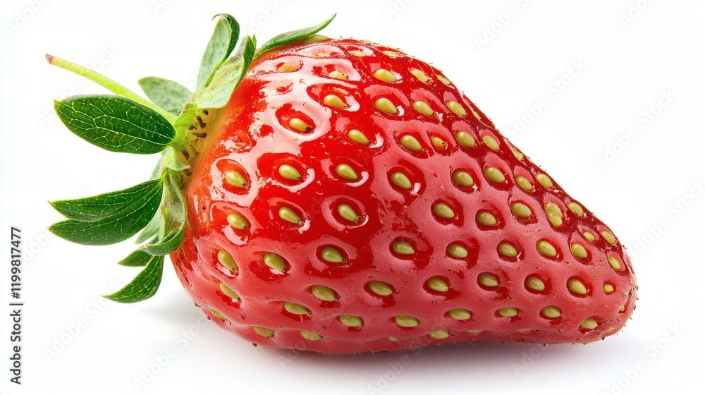 Poster isolated of a close-up view of a single strawberry with seeds and glossy skin on a seamless white ba