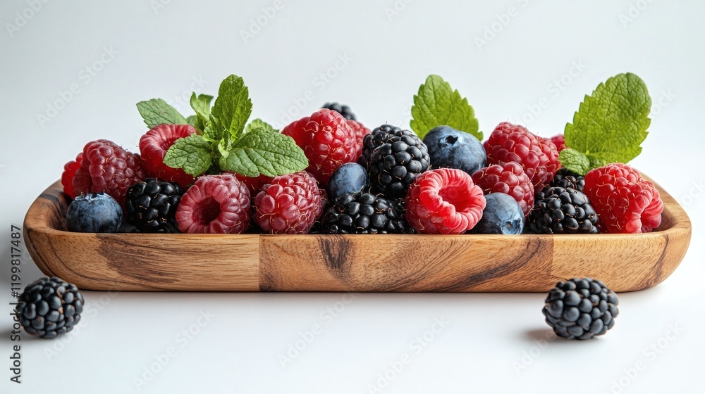 Poster isolated of mixed berries scattered loosely around a decorative wooden tray on a plain white backgro