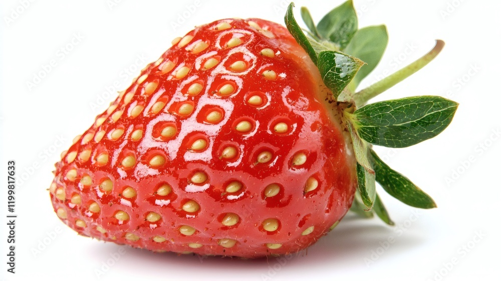 Poster isolated of a close-up view of a single strawberry with seeds and glossy skin on a seamless white ba
