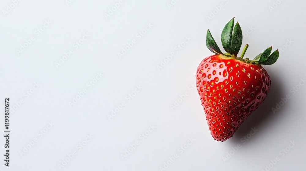 Poster Isolated of a close-up view of a single strawberry with seeds and glossy skin on a seamless white background Stock Photo with side copy space