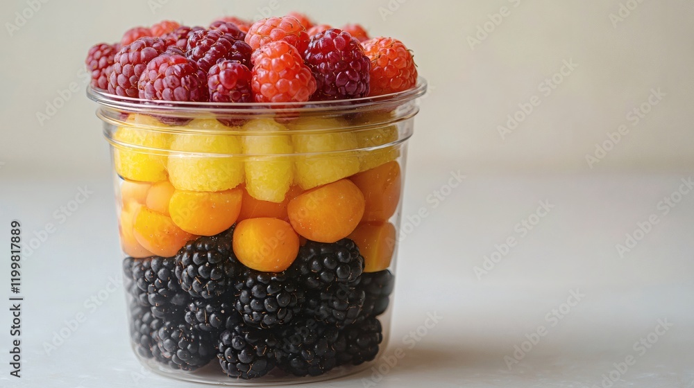 Aufkleber Isolated of assorted berries displayed together in a simple glass jar creating a vibrant and fresh presentation on a white background Stock Photo with side copy space