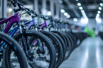 Fototapeta premium Many mountainbikes in a row, closup of bicycles