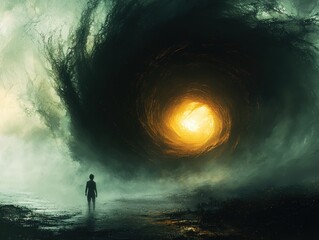 Obraz premium A lone figure stands before a swirling vortex of darkness leading to a glowing light. Ideal for fantasy, sci-fi, and mystery themed projects.
