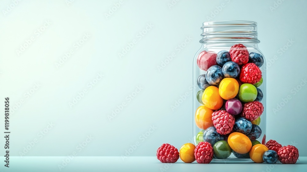 Poster Isolated of assorted berries displayed together in a simple glass jar creating a vibrant and fresh presentation on a white background Stock Photo with side copy space