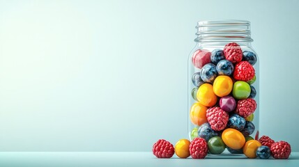 Isolated of assorted berries displayed together in a simple glass jar creating a vibrant and fresh presentation on a white background Stock Photo with side copy space