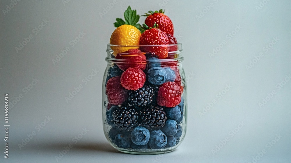 Poster Isolated of assorted berries displayed together in a simple glass jar creating a vibrant and fresh presentation on a white background Stock Photo with side copy space
