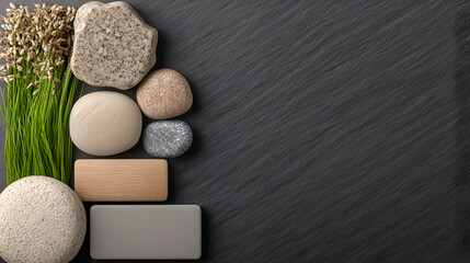 Natural stones and grass arranged artistically on a textured dark background