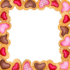 Square heart shaped cookie frame. Watercolor hand drawn frame for card, invitation, poster, banner, menu. Valentine's day, birthday, children's party. Isolated on transparent background.
