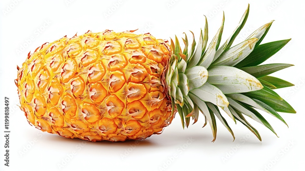 Poster Isolated of a single ripe pineapple with a vibrant golden-yellow texture and green spiky crown displayed on a white background Stock Photo with side copy space
