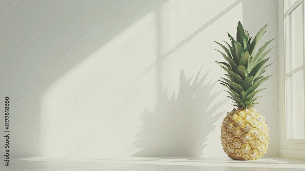 Poster isolated of a single ripe pineapple with a vibrant golden-yellow texture and green spiky crown displ