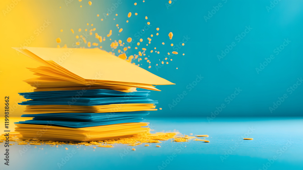 Poster colorful stacked paper sheets with vibrant yellow and blue tones, creating a dynamic visual effect