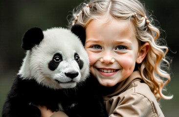 Obraz premium A little girl with blonde wavy hair hugs a little panda. the concept of animal protection on World Wildlife Day