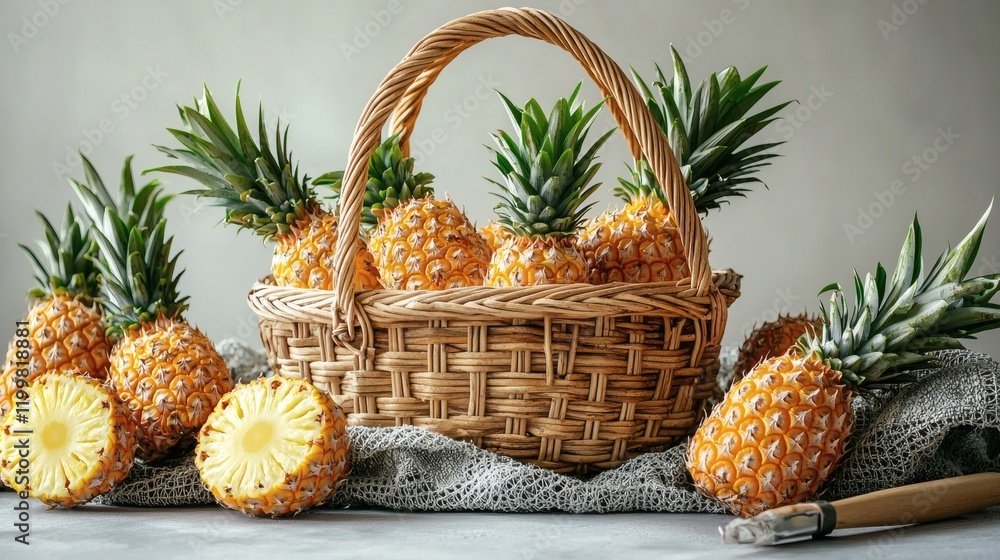 Poster Isolated of a group of pineapples with varying sizes arranged neatly in a woven basket on a seamless white surface Stock Photo with side copy space