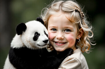 Obraz premium A little girl with blonde wavy hair hugs a little panda. the concept of animal protection on World Wildlife Day