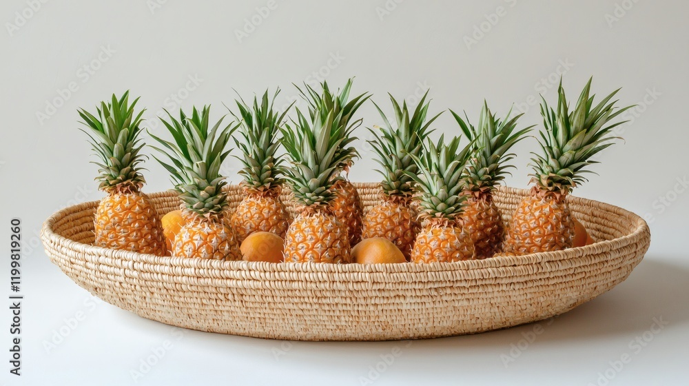 Poster Isolated of a group of pineapples with varying sizes arranged neatly in a woven basket on a seamless white surface Stock Photo with side copy space
