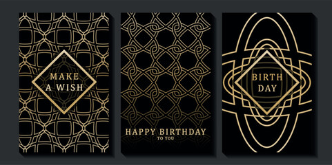 Set of luxury birthday cards on a black background. Modern gold and black design. Golden elegant geometric pattern, gold line on dark background. Premium design illustration for birthday party.