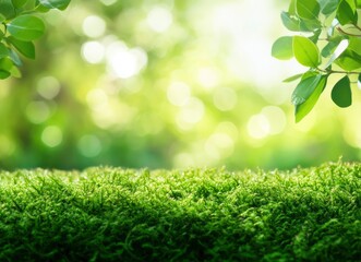 Moss background, green moss texture, nature green background with bokeh blur effect for product display presentation.