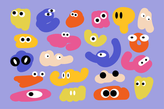 Funny doodles with eyes. Childish vector shapes. Cartoon Elements Set.