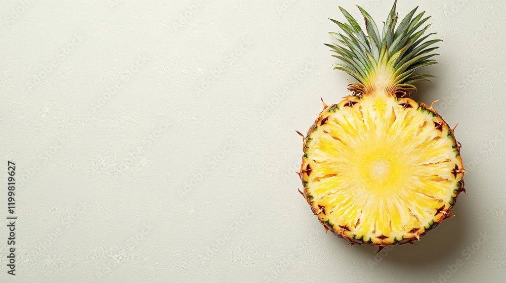 Poster isolated of a halved pineapple showing its juicy and fibrous interior placed elegantly on a white ba