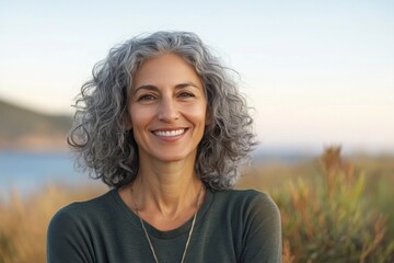 Woman with curly gray hair smiles warmly against a natural backdrop near the ocean at sunset