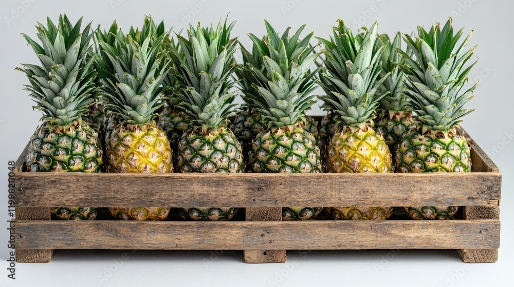 Aufkleber isolated of multiple pineapples stacked in a wooden crate with their green crowns extending outward 