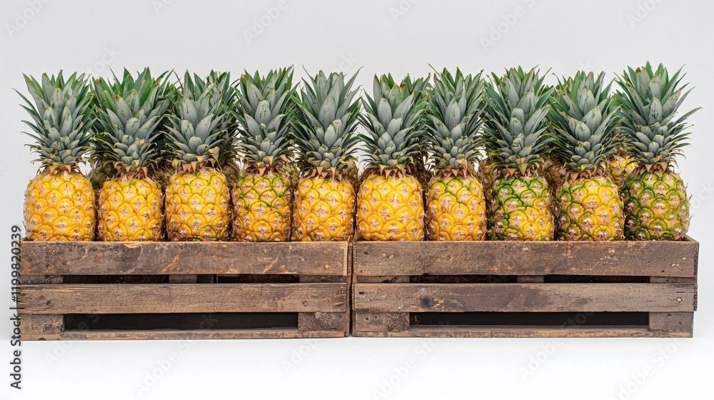 Poster Isolated of multiple pineapples stacked in a wooden crate with their green crowns extending outward on a white background Stock Photo with side copy space