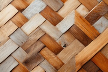 A herringbone wooden floor pattern made from narrow, polished planks in alternating grain directions