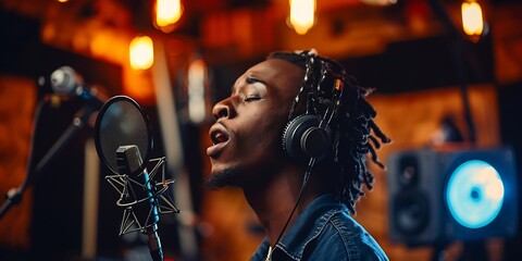 Musician singing with passion into a microphone in a warm recording studio atmosphere