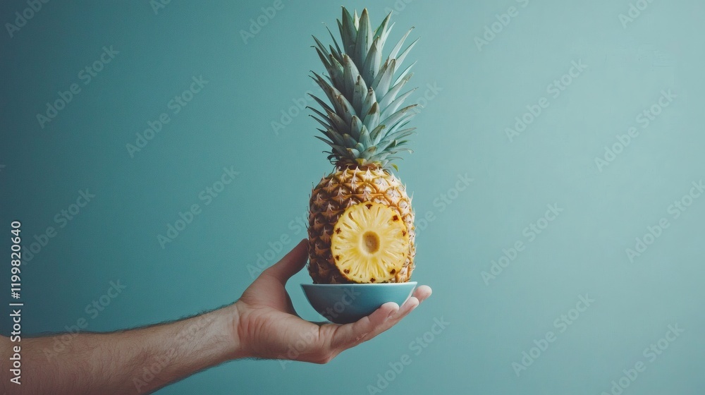 Poster Isolated of a single pineapple sliced into round pieces displayed in a ceramic bowl on a clean white surface Stock Photo with side copy space