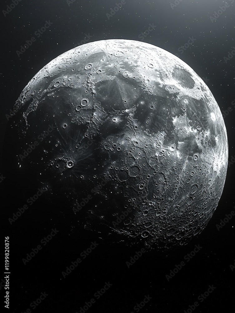 Poster a grayscale close-up of the moon's surface reveals its craters and texture. ideal for space explorat