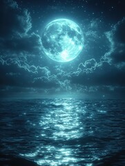 A mesmerizing turquoise full moon illuminates the night sky and casts a magical glow upon the ocean below. Ideal for fantasy or ethereal projects.