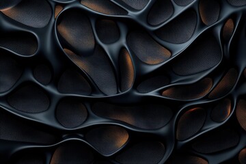 A textured, abstract pattern featuring dark, wavy forms with subtle orange highlights, creating a visually striking and dynamic surface.
