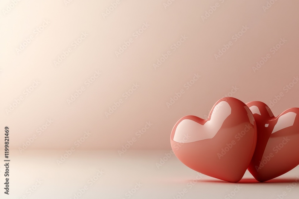 Poster three glossy hearts positioned close together on a minimalistic surface with soft lighting creating 