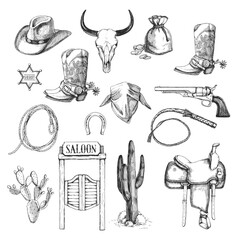 Vector set of hand-drawn illustrations with western symbols. Sketches of cowboy hat, bandana, gun, horse equipment, saloon doors and shoes
