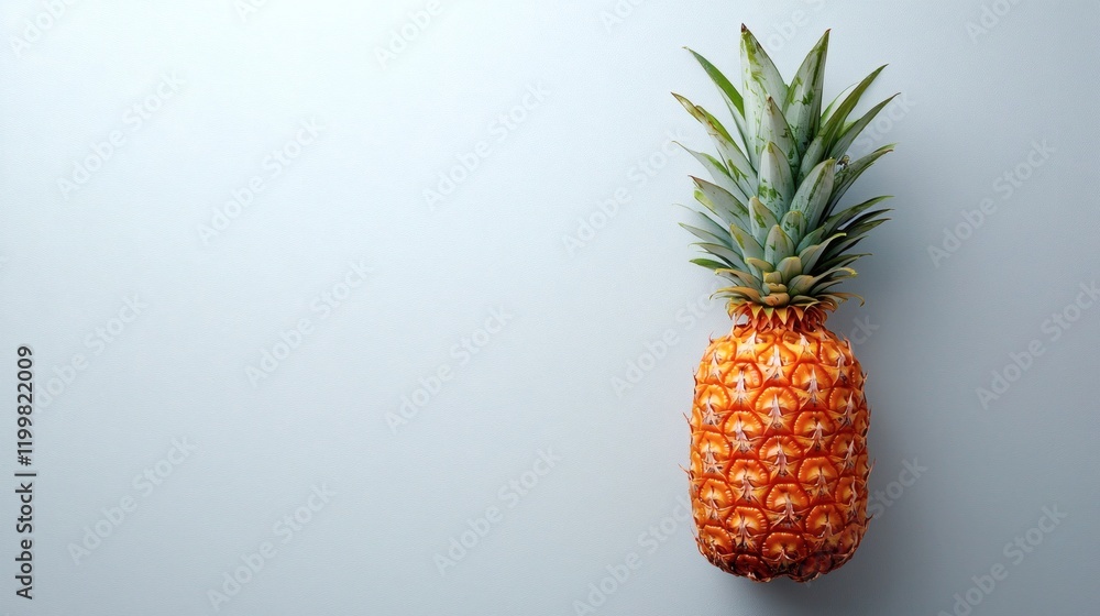 Poster Isolated of a single pineapple with dew droplets on its surface emphasizing freshness on a plain white background Stock Photo with side copy space
