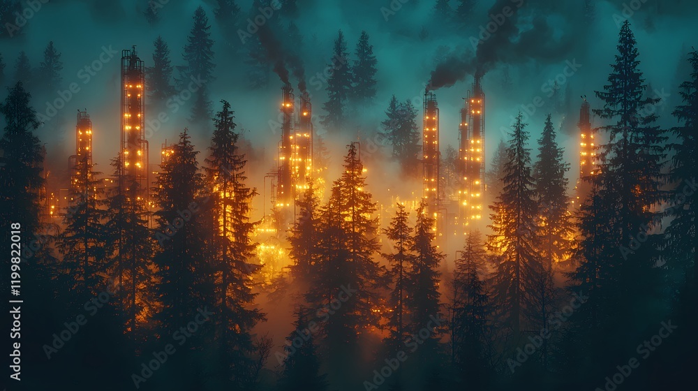 Aufkleber Mysterious Forest with Illuminated Smokestacks Surrounded by Dense Trees and Fog, Creating a Hauntingly Beautiful Atmosphere in a Darkened Landscape