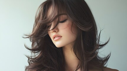 Naklejka premium Woman with long brown hair gently flowing
