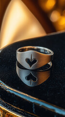 Sleek silver ring with heart engraving reflecting on glossy surface