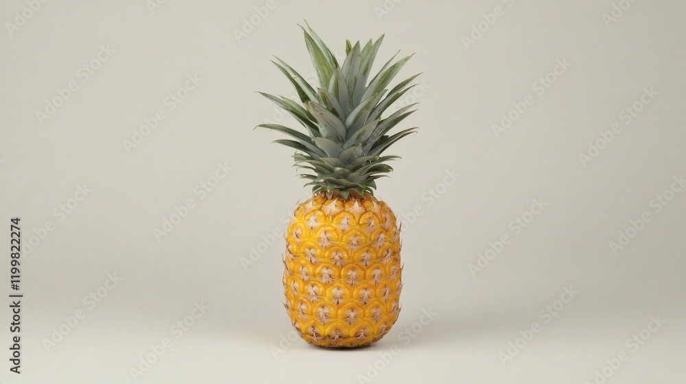 Poster Isolated of a single pineapple with dew droplets on its surface emphasizing freshness on a plain white background Stock Photo with side copy space